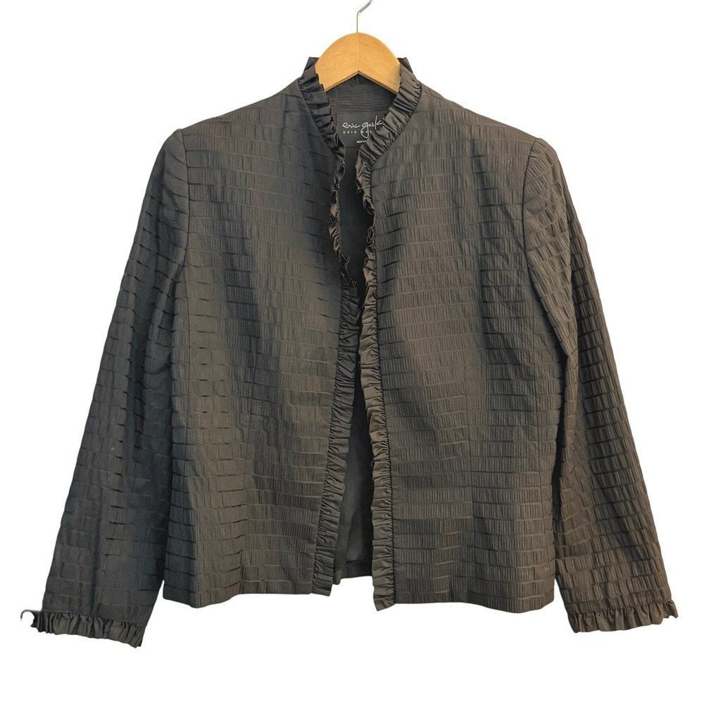 Eric Gaskins New York Womens 12 Black 100% Silk Ruffle Trim Textured Jacket USA